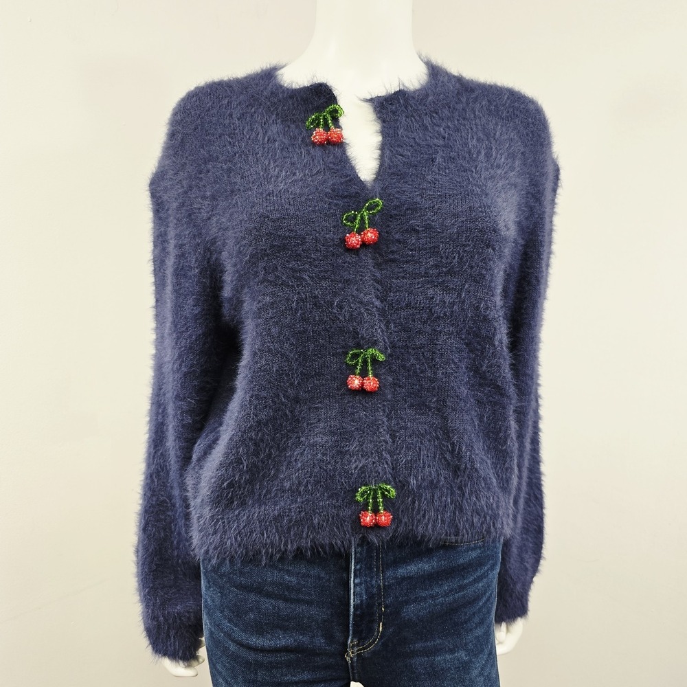 Miou Muse Fuzzy Cardigan Sweater Beaded Cherry Snap Down Blue Retro Pinup Size M
